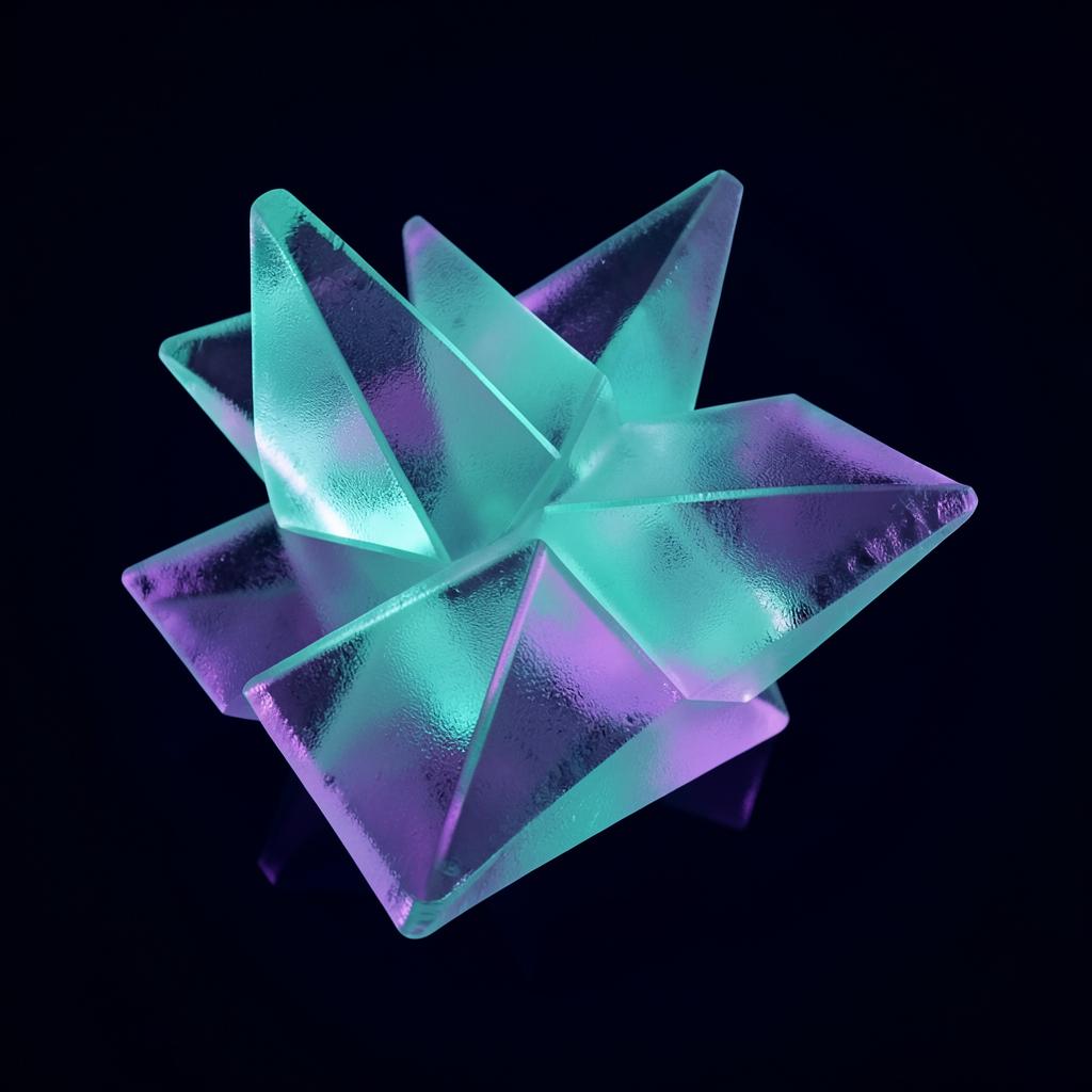 Formas geométricas de vidrio esmerilado iluminadas en turquesa y violeta